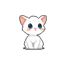 A charming pixel art kitten with bright teal eyes sits patiently, its soft white fur and blush pink cheeks radiating a cute and endearing vibe. The simple design and pastel colors create a feeling of warmth and innocence.