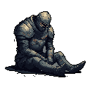 A weary, battle-worn knight slumps on the ground, their glowing red eyes hinting at the emotions hidden beneath the damaged armor. The somber pixel art captures a moment of vulnerability and defeat for the typically stoic warrior.