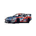 This pixel art image showcases a modified sports car with a striking red, white, and blue livery, evoking a sense of speed and retro racing culture. The dynamic design and aerodynamic enhancements give the car an energetic and automotive-focused vibe.