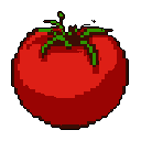 This pixel art showcases a vibrant, ripe tomato in a simple, frontal view, rendered with bold colors and nostalgic charm. The fruit's rich reds and subtle shading create a clear form reminiscent of classic video game graphics.