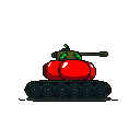 This pixel art features a whimsical tank with a low chassis and a turret composed of two bright red, tomato-like shapes, topped with a small green structure. The playful design and bold colors create a cute and imaginative take on a military vehicle.