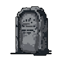 A solitary, weathered tombstone rendered in somber shades of gray stands against a stark black void. The pixel art evokes a melancholic mood, hinting at mortality and faded memories through its aged details and illegible inscription.