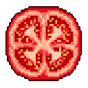A vibrant pixel art tomato slice, rendered in warm reds and oranges, showcases its inner structure with retro-game simplicity. This icon-like image captures the essence of a ripe tomato with clean design.