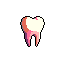 This pixel art piece features a stylized, cream-colored tooth with playful pink and purple shading, floating in a stark black void. The single, upright tooth is the sole focus, its simple form rendered in a charmingly abstract style.