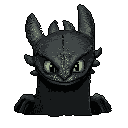 This pixel art portrait captures Toothless from "How to Train Your Dragon" with curious green eyes and a gentle expression. The close-up focuses on the dragon's endearing features, rendered in a dark palette with subtle highlights.