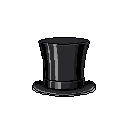This pixel art showcases a classic black top hat rendered in elegant detail with subtle grey highlights. The iconic hat stands alone, exuding sophistication and a hint of mystery.