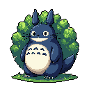 This pixel art image captures the gentle charm of Chuu-Totoro, the blue forest spirit, with a serene expression and lush greenery. The iconic character radiates peacefulness and nostalgia.