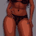 This pixel art image features a confident female figure in dark lingerie, rendered in a muted, earthy palette. The close-up focuses on the human form with a nostalgic, low-resolution aesthetic.