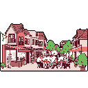 This charming pixel art captures a bustling European-style street cafe, where stylized figures gather at tables to enjoy food and drinks amidst quaint buildings and festive decorations. The warm, muted color palette evokes a peaceful and nostalgic atmosphere.