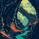 A dramatic pixel art canyon scene unfolds with a bright teal river carving through dark, teal-toned rocks, drawing the eye towards distant mountains. The muted color palette and strategic use of light create a mysterious and slightly ominous vibe.