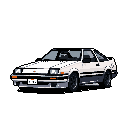 This pixel art showcases a classic late 80s/early 90s Japanese coupe in striking monochromatic detail, accented with subtle orange pops. The clean, minimalist rendering evokes a nostalgic appreciation for the car's design.