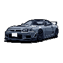 This detailed pixel art showcases a pristine Nissan Skyline R34 GT-R in a cool, desaturated blue-gray, highlighting its iconic design. Set against a stark black background, the image emphasizes the car's sleek lines and subtly powerful presence. The meticulous detailing evokes a sense of nostalgia for classic Japanese sports cars.