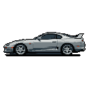 This pixel art image showcases a silver Toyota Supra MkIV in a detailed, side-profile view, rendered with a cool color palette and subtle red accents. The isolated presentation against a black background highlights the car's iconic design and evokes a sense of automotive nostalgia.