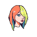 This pixel art portrait features a stylized woman with striking blue eyes and a unique split-dyed bob, showcasing vibrant peachy-orange and neon yellow hues with a touch of turquoise. Her thoughtful expression and bold color scheme create a modern and edgy vibe.