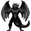 A fearsome, gray-scale pixel art dragon/demon confronts the viewer with a snarling expression and outstretched claws against a stark black background. The powerful creature's wide wings and imposing posture convey a sense of danger and dominance.