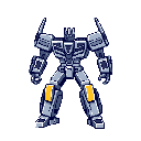 A retro-futuristic robot stands poised in cool grays, its rectangular head and wing-like structures hinting at advanced technology. Yellow highlights accent its mechanical design, creating a serious and imposing figure.