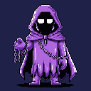 A chained, ghostly figure in a hooded robe stares with empty white eyes, its pixelated form radiating a spooky and melancholic aura. The dark purplish-blue background emphasizes the subject's supernatural and potentially tragic predicament.