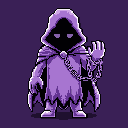 A hooded, spectral figure in a pixel art style presents a chain with one clawed hand raised, creating a mysterious and slightly unsettling image. Its face is shadowed, save for glowing purple eyes, adding to the ominous yet cute vibe.