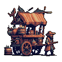 A pixel art image showcases a merchant and his fully loaded, horse-drawn cart, ready for travel and trade. The vendor stands beside his wares, evoking a sense of historical or fantasy journey.