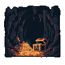 A treasure chest overflowing with gold and gems sits in the heart of a dark, mysterious cave. The pixel art scene evokes a sense of discovery and hidden fortune, reminiscent of classic adventure games.