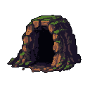 A pixel art image shows a solitary, earthy cave entrance carved into a rock formation. The dark interior hints at mystery and invites exploration into the unknown.