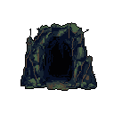 A pixelated, dark cave entrance beckons with mystery, its rugged, natural rock formations hinting at untold secrets within. The ominous opening, rendered in muted tones, evokes a sense of solitude and the unknown.