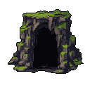 A rugged, moss-covered stone archway dominates the frame, its dark entrance hinting at ancient mysteries within. The pixel art's earthy tones and vibrant green vegetation create a striking contrast, evoking a sense of untouched wilderness.