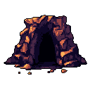 This pixel art depicts a rugged, rocky cave entrance rendered in contrasting cool purples and warm orange highlights, creating a mysterious and slightly ominous mood. The triangular archway stands alone against a black void, beckoning viewers to wonder what secrets lie within.