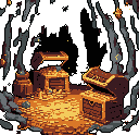 A hidden cave reveals a breathtaking pixel art treasure trove, where glittering gold and gems spill from open chests, promising untold riches and a thrilling adventure. The dark cave walls dramatically highlight the opulent wealth, creating a scene of mystery and discovery.