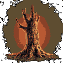 A gnarled, skeletal tree, rendered in striking pixel art, stands starkly silhouetted against a radiant celestial orb. Its broken branches reach upwards in a somber display of decay and resilience against a desolate backdrop.