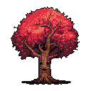 This pixel art image features a friendly, anthropomorphic tree with a serene face carved into its trunk. The tree's vibrant red leaves and warm autumnal hues stand out against the stark black background, creating a peaceful and whimsical vibe.