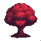 A striking pixel art image features a sentient, crimson tree-woman with glowing red eyes and a subtle smile. Her leafy "head" and textured trunk, rendered in rich reds and purples, evoke a sense of mysterious allure and quiet power against a black backdrop.
