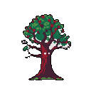 This pixel art showcases a stylized tree with a bold red trunk and dense green canopy dotted with bright red berries. The simple yet striking design, highlighted with white pixels, gives the tree an iconic and slightly ethereal feel.