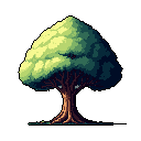 This pixel art image showcases a mature, leafy tree with a textured trunk, rendered in naturalistic greens and browns. The simple yet detailed style emphasizes the tree's grounded beauty and solid form.
