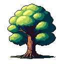 A pixelated, mature tree dominates the frame with its lush green canopy and sturdy brown trunk. The earthy tones and subtle shading evoke a peaceful, natural scene.