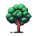 This pixel art depicts a stylized deciduous tree with lush green foliage and a sturdy brown trunk. The image evokes a sense of quiet serenity and natural beauty through its simple, yet vibrant color palette.