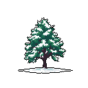 A solitary, snow-laden evergreen tree stands out against a stark black background in this minimalist pixel art. The simple composition and muted color palette evoke a sense of quiet winter beauty.