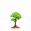 This pixel art showcases a solitary tree with vibrant green leaves and reddish-brown trunk, its simple design evoking a sense of serene nostalgia.