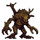 A menacing pixel art treant, crafted from wood and branches, stands ready with a gnarled grin. This dark fantasy creature exudes primal aggression with its claw-like limbs and hunched stance.