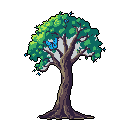 A lone, detailed pixel art tree with vibrant green leaves and subtle blue accents stands out against a stark black background, evoking a sense of peaceful, natural beauty.