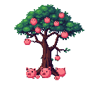 This pixel art showcases a surreal tree bearing pig-shaped "apples," with a gathering of similar creatures nestled at its base. The playful scene utilizes a limited color palette to create a whimsical and eye-catching image against a black background.