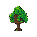 A charming pixel art treehouse, crafted from wood and nestled high in a leafy tree, evokes a feeling of peaceful seclusion. The structure features a pitched roof, a single blue window, and a small platform, creating a nostalgic hideaway.