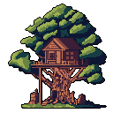 This pixel art image showcases a cozy, handcrafted treehouse nestled high within the branches of a grand, ancient tree. Earthy tones and detailed textures bring this peaceful woodland retreat to life.