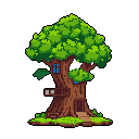 This pixel art showcases a charming treehouse built within an ancient, gnarled tree, complete with cozy windows and a welcoming doorway. Lush green foliage and earthy tones create a vibrant, inviting scene, evoking a sense of rustic wonder.