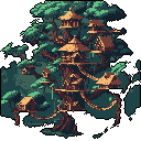 This pixel art showcases an intricate, multi-tiered treehouse nestled high in a sprawling tree, a hidden dwelling seamlessly integrated into its lush forest environment. Rope bridges and wooden platforms connect the various huts, creating a peaceful and mysterious sanctuary.