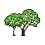 This pixel art image features a solitary, broad-canopied tree with vibrant green foliage dotted with white blossoms, rendered in isometric perspective. The tree's detailed pixelation and natural color scheme create a peaceful and iconic representation of nature.