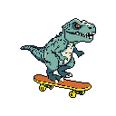 A teal-blue pixel art T-Rex shreds on a bright orange skateboard, its intense orange eye hinting at a mischievous, confident attitude. This quirky image blends prehistoric power with modern fun, creating an energetic and nostalgic vibe.