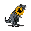 A pixelated T-Rex strikes a quirky pose, mouth agape, adorned with a vibrant sunflower around its neck. The monochromatic dinosaur is unexpectedly endearing, creating a whimsical juxtaposition of predator and gentle bloom.