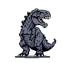 This pixel art image captures a roaring, Godzilla-inspired T-Rex in a menacing pose. The dark blue-grey dinosaur, with its red tongue and sharp teeth, stands out against the stark black background, evoking classic monster movie vibes.
