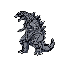 This pixel art image captures the raw power of Godzilla in a dynamic pose, roaring with menacing detail. The monochromatic palette and stark contrast emphasize the creature's texture and imposing presence against a black background.